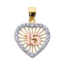 Tri-Color Gold Cubic Zirconia Heart Halo 15 Años Quinceañera Pendant