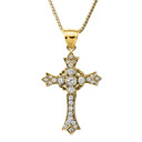 14k Yellow Gold Diamond Cross Pendant Necklace with Hearts