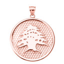 Rose Gold Lebanese Cedar Tree Round Pendant Necklace