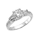 White Gold French Cut Pave CZ Engagement Ring with Tapered Baguettes