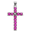 10k White Gold Diamond and Red CZ Cross Pendant Necklace
