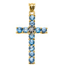 Gold Diamond and Light Blue CZ Cross Pendant Necklace(Available In Yellow/Rose/White)