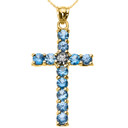 10k Yellow Gold Diamond and Light Blue CZ Cross Pendant Necklace