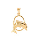 Solid Gold Hoop Jumping Dolphin Pendant Necklace  (Available in Yellow/Rose/White Gold)