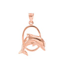 Solid Rose Gold Hoop Jumping Dolphin Pendant Necklace