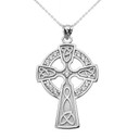 White Gold Cubic Zirconia Trinity Knot Celtic Cross Pendant Necklace