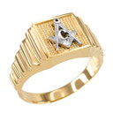 Yellow Gold Freemason Square & Compass Textured Men's Signet Ring