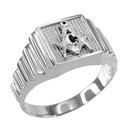 White Gold Freemason Square & Compass Textured Men's Signet Ring