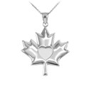 Solid White Gold Heart Maple Leaf Pendant Necklace