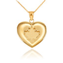 Solid Yellow Gold Maple Leaf Heart Pendant Necklace