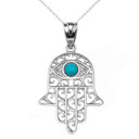 White Gold Hamsa Hand With Hamsa Hand With Turquoise Evil Eye Pendant Necklace