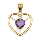 Elegant Yellow Gold CZ and February Birthstone CZ Solitaire Heart Pendant Necklace