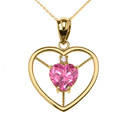 Elegant Yellow Gold CZ and October Birthstone Pink CZ Heart Solitaire Pendant Necklace