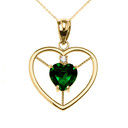 Elegant Yellow Gold CZ and May Birthstone Green CZ Heart Solitaire Pendant Necklace