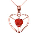 Elegant Rose Gold CZ and July Birthstone Red CZ Heart Solitaire Pendant Necklace