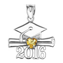 White Gold Heart November Birthstone Yellow Cz Class of 2016 Graduation Pendant Necklace