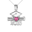 Sterling Silver Heart October Birthstone Pink Cz Class of 2016 Graduation Pendant Necklace