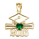 Yellow Gold Heart May Birthstone Green Cz Class of 2016 Graduation Pendant Necklace