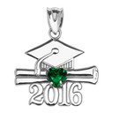 Sterling Silver Heart May Birthstone Green Cz Class of 2016 Graduation Pendant Necklace