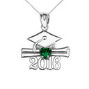 Sterling Silver Heart May Birthstone Green Cz Class of 2016 Graduation Pendant Necklace