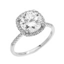 Cushion Shape Cubic Zirconia Center & Diamond Halo Micropave Engagement Ring in White Gold