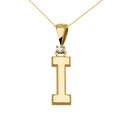 Yellow Gold Diamond Solitaire Letter "I" Initial High Polish Milgrain Pendant Necklace