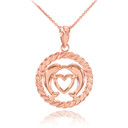 Rose Gold Heart Kissing Dolphins in Circle Rope Pendant Necklace