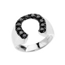 White Gold Black CZ Horseshoe Lucky Men's Ring