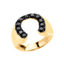 Gold Black CZ Horseshoe Lucky Men's Ring