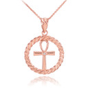 Gold Roped Circle Egyptian Ankh Cross with Diamond Pendant Necklace (Available in Yellow/Rose/White Gold)