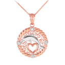 Gold Roped Circle Diamond Jumping Dolphin Heart Filigree Pendant Necklace (Yellow, White and Rose)