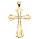 Yellow Gold Solitaire Diamond High Polish Milgrain Cross Pendant Necklace (Large)
