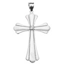 White Gold Solitaire Cubic Zirconia High Polish Milgrain Cross Pendant Necklace (Large)