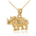 Yellow Gold Diamond Cut African Rhino Pendant Necklace
