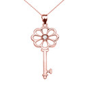 Rose Gold Solitaire Diamond Flower Key Pendant Necklace