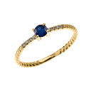 Yellow Gold Dainty Solitaire Sapphire and Diamond Rope Design Engagement/Proposal/Stackable Ring