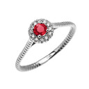 White Gold Dainty Halo Diamond and Ruby Solitaire Rope Design Promise Ring