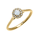 Yellow Gold Dainty Halo Diamond and Aquamarine Solitaire Rope Design Promise Ring