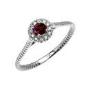 White Gold Dainty Halo Diamond and Garnet Solitaire Rope Design Promise Ring