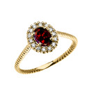 Yellow Gold Dainty Halo Diamond and Oval Garnet Solitaire Rope Design Engagement/Promise Ring