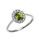 White Gold Dainty Halo Diamond and Oval Peridot Solitaire Rope Design Engagement/Promise Ring