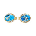 14K Gold Elegant Diamond Oval Halo Solitaire Blue Topaz Stud Earrings(Available in Yellow/White Gold)