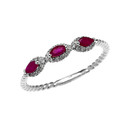 White Gold Dainty Three Stone Marquise Ruby and Halo Diamond Rope Design Engagement/Promise Ring