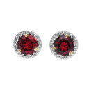 Halo Stud Earrings in Two Tone Yellow Gold with Solitaire Garnet and Diamonds