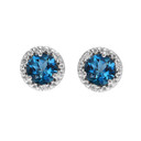 14k Halo Stud Earrings Gold with Solitaire London Blue Topaz and Diamonds(Available in Yellow/White Gold)
