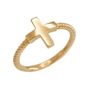 Gold Roped Sideways Cross Ring