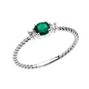 White Gold Dainty Solitaire Green Agate and White Topaz Rope Design Promise/Stackable Ring