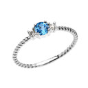 White Gold Dainty Solitaire Blue Topaz and White Topaz Rope Design Promise/Stackable Ring