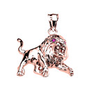 Rose Gold Red Cz Roaring Full Body Lion Pendant