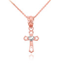 Two Tone Rose and White Gold Heart Cross Necklace